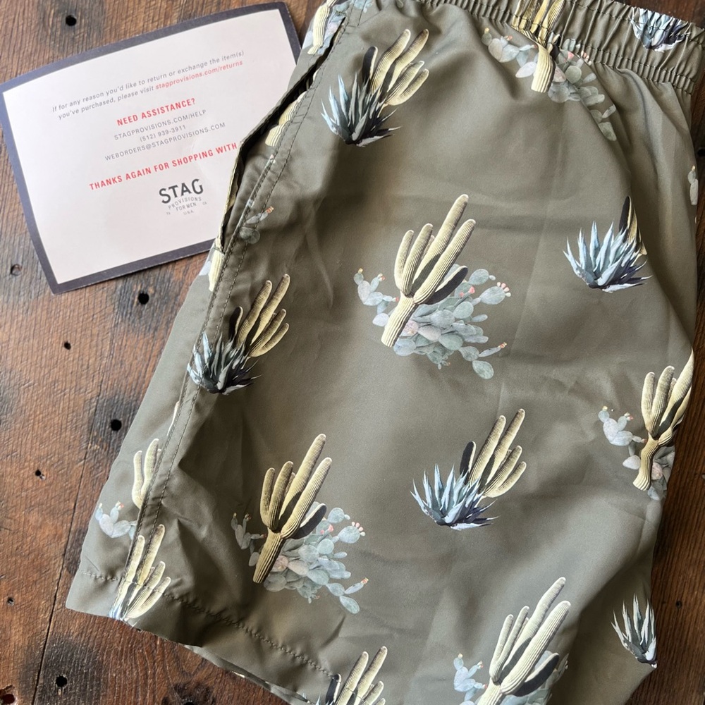 NWT - Bather - 5.5" Cactus Print Swim Trunks - Dark Green